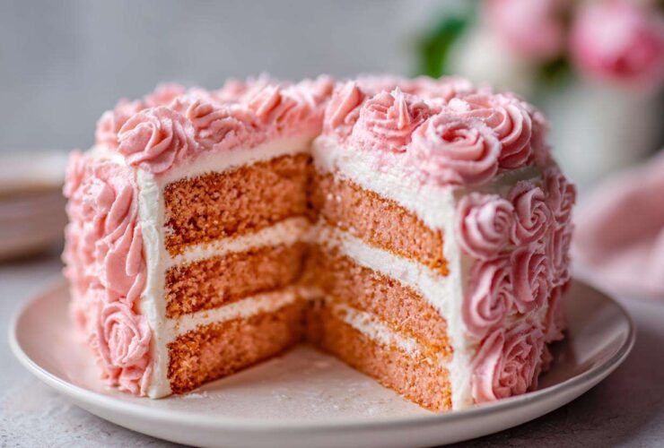 A slice removed from a beautiful pink rose cake, revealing three layers of pink sponge and white frosting layers.