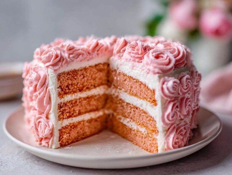 A slice removed from a beautiful pink rose cake, revealing three layers of pink sponge and white frosting layers.