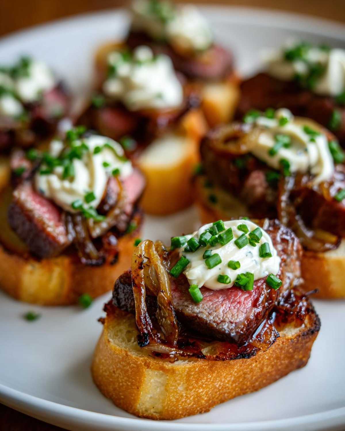 Close-up of perfectly seared steak crostini topped with caramelized onions, creamy horseradish sauce, and fresh chives.