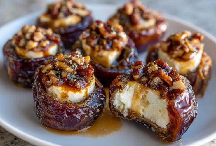 Close-up of several glistening stuffed dates filled with creamy cheese and topped with nuts and glaze, ready to serve.