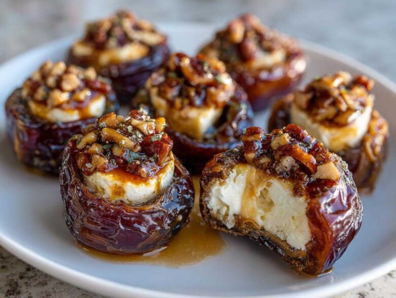 Close-up of several glistening stuffed dates filled with creamy cheese and topped with nuts and glaze, ready to serve.