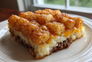A thick slice of tater tot casserole showing layers of ground meat, creamy filling, cheese, and a crispy tater tot topping.