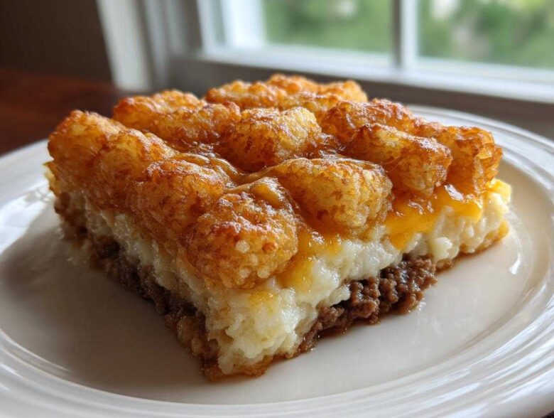 A thick slice of tater tot casserole showing layers of ground meat, creamy filling, cheese, and a crispy tater tot topping.