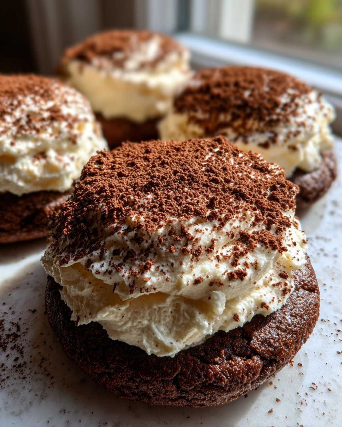 Close-up of delicious tiramisu cookies featuring a dark chocolate base, thick cream filling, and a dusting of cocoa powder.