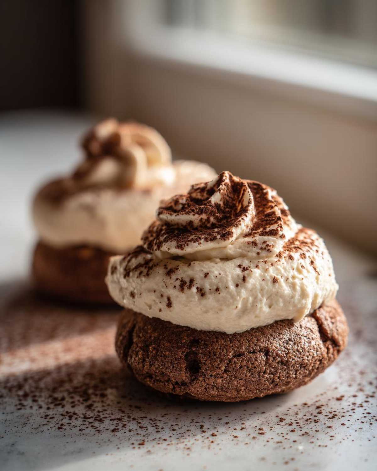 A close-up of one decadent tiramisu cookie featuring a dark chocolate base topped with whipped cream and dusted heavily with cocoa powder.
