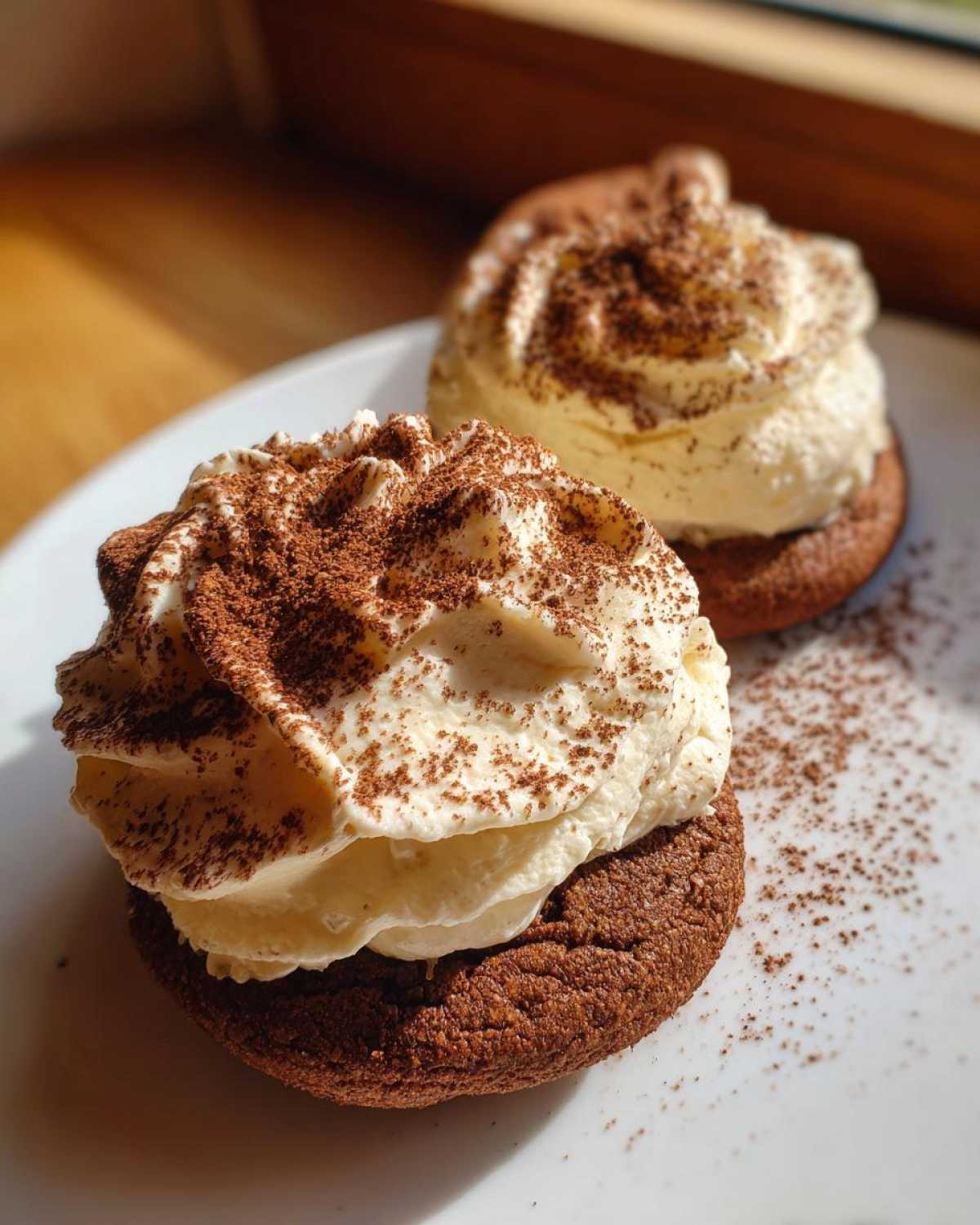 Two chocolate tiramisu cookies topped with piped cream and dusted with cocoa powder, sitting on a white plate.