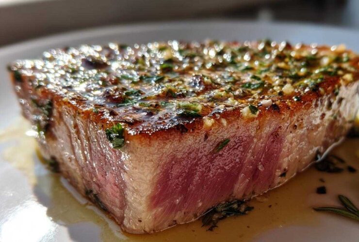 Close-up of a perfectly seared tuna steak, showing a pink, rare center and a glistening herb and garlic crust.