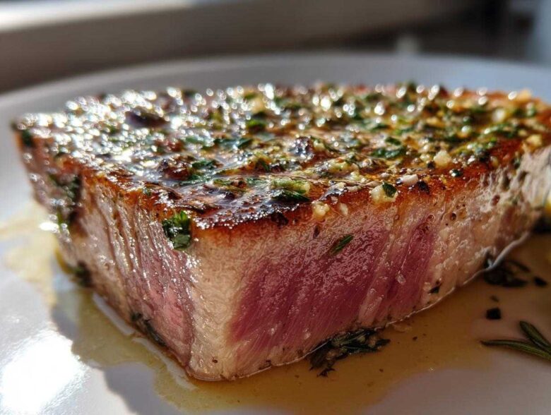 Close-up of a perfectly seared tuna steak, showing a pink, rare center and a glistening herb and garlic crust.