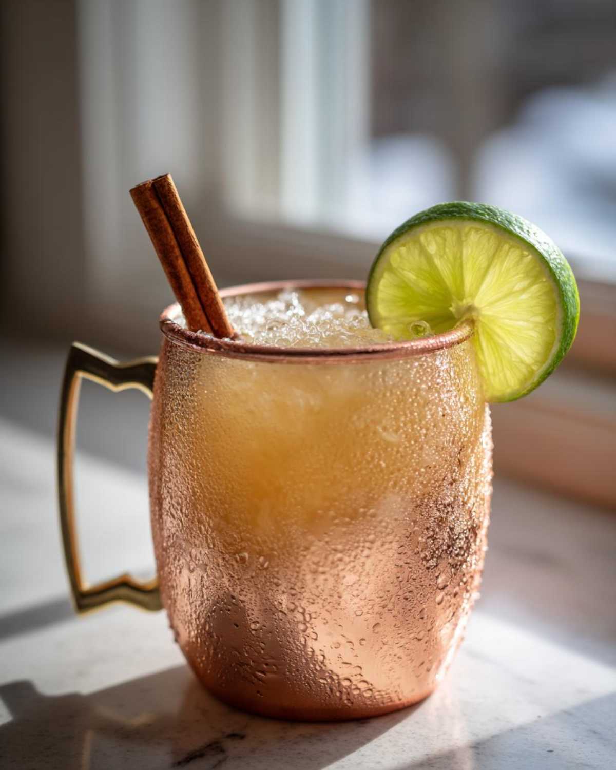 A frosty apple cider moscow mule cocktail served in a copper mug, garnished with a lime wheel and cinnamon stick.