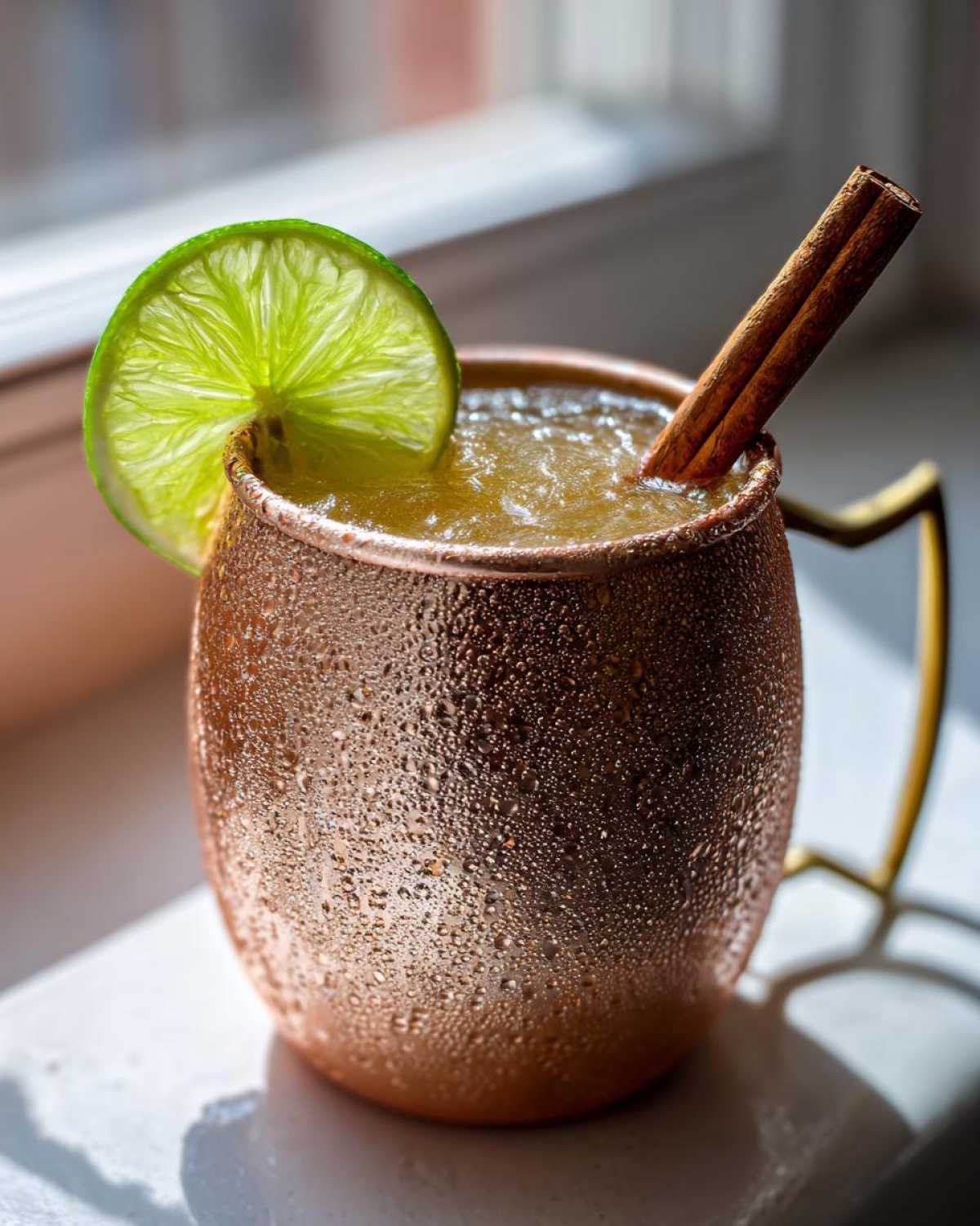 Close-up of a frosty apple cider moscow mule in a copper mug, garnished with a lime wheel and cinnamon stick.