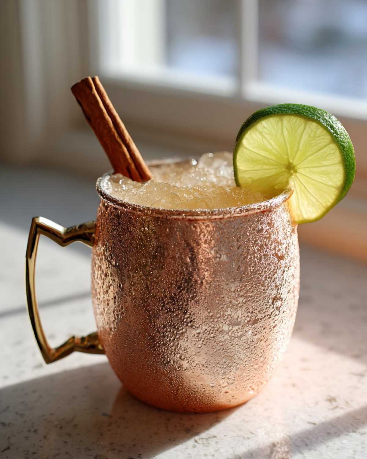 A frosty copper mug filled with an apple cider moscow mule, garnished with a lime wheel and cinnamon stick.
