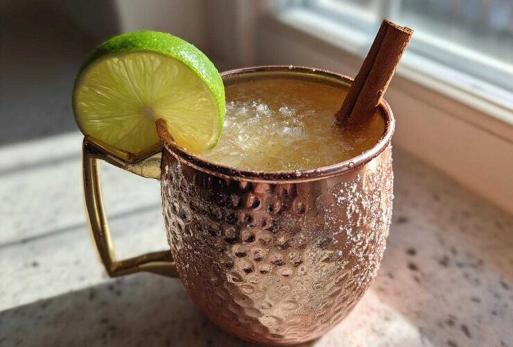 A refreshing apple cider moscow mule served over crushed ice in a hammered copper mug, garnished with a lime wheel and cinnamon stick.