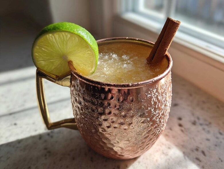 A refreshing apple cider moscow mule served over crushed ice in a hammered copper mug, garnished with a lime wheel and cinnamon stick.