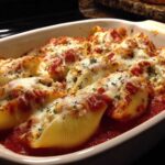 Close-up of baked chicken alfredo stuffed shells covered in melted mozzarella and marinara sauce.