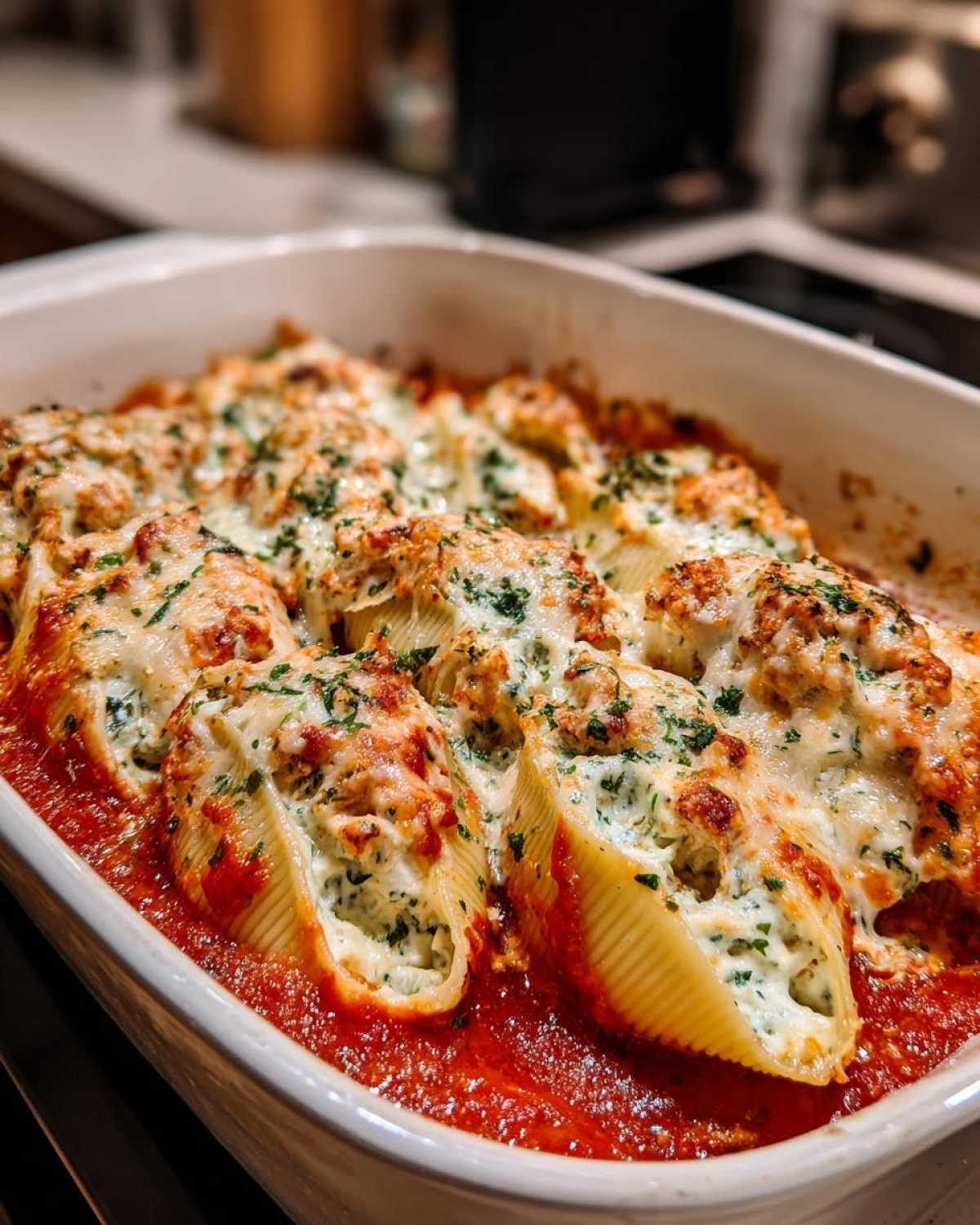 Close-up of baked chicken alfredo stuffed shells topped with melted cheese and parsley in a white baking dish.