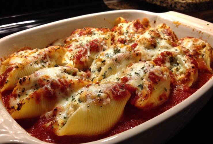 Close-up of baked chicken alfredo stuffed shells covered in melted mozzarella and marinara sauce.