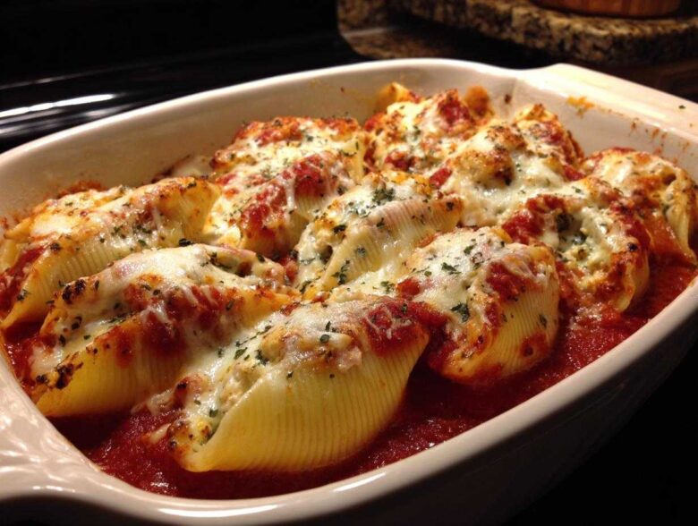 Close-up of baked chicken alfredo stuffed shells covered in melted mozzarella and marinara sauce.