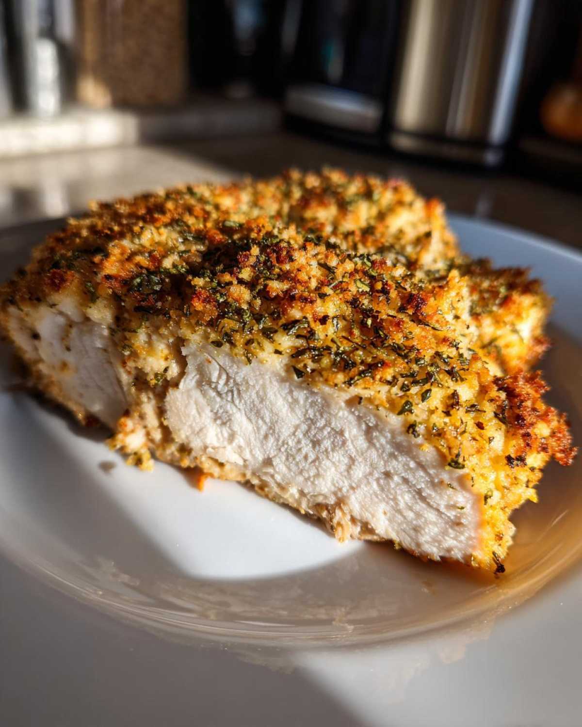 Close-up of a juicy baked ranch chicken breast cut in half, showing the white interior and crispy, herbed topping.