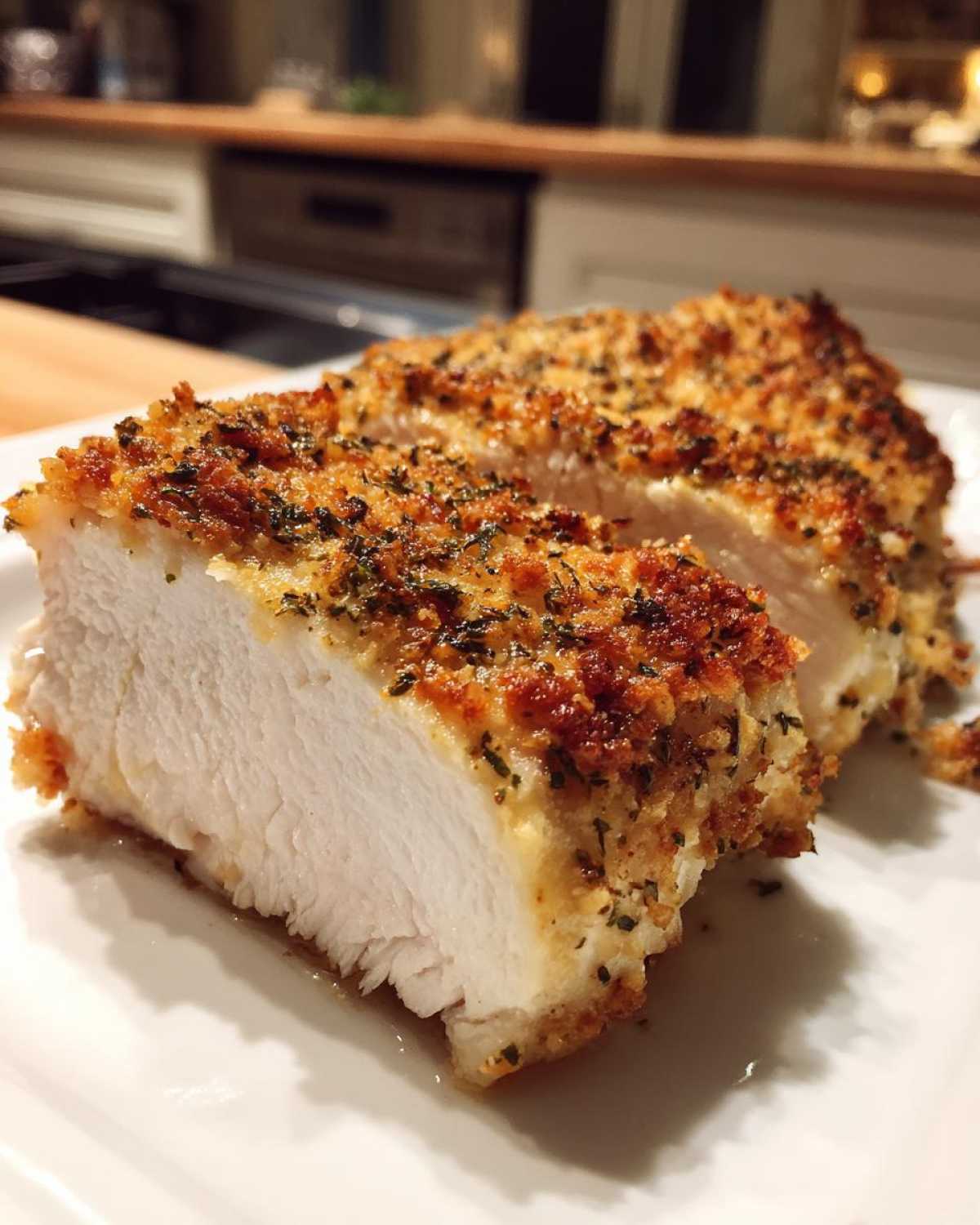 Close-up of juicy baked ranch chicken breast, sliced to show the white interior and crispy, herbed crust.