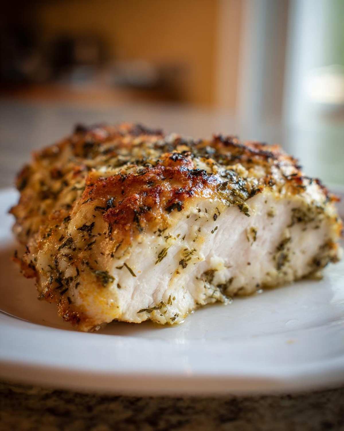 Close-up of a moist, sliced piece of baked ranch chicken showing the seasoned, herby crust and tender white meat.