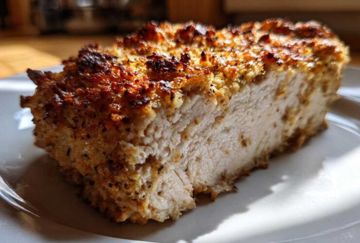 Close-up of a thick slice of baked ranch chicken showing the moist white meat and a golden, crispy, seasoned crust.