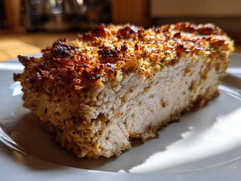 Close-up of a thick slice of baked ranch chicken showing the moist white meat and a golden, crispy, seasoned crust.