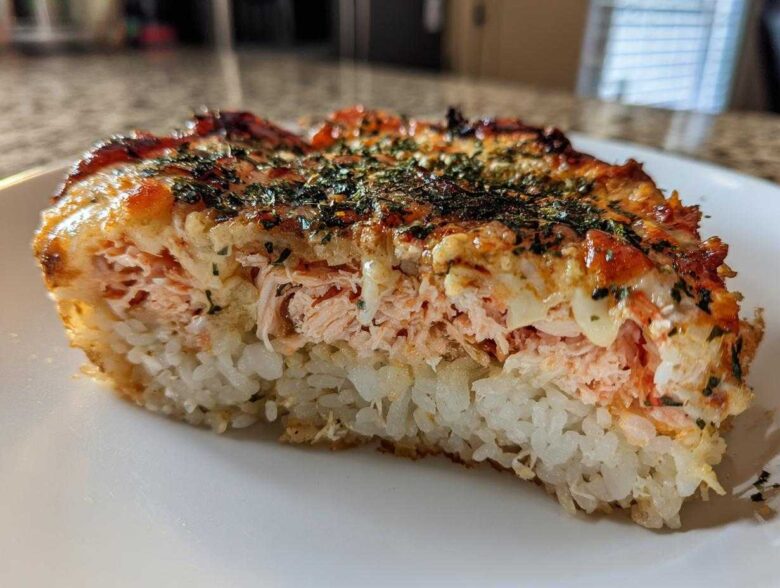 A thick slice of baked salmon sushi bake showing layers of white rice, pink salmon filling, and a browned, seasoned topping.