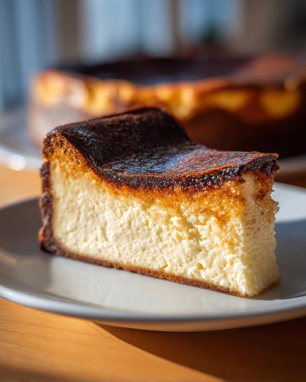 A close-up slice of creamy Basque burnt cheesecake with a dark caramelized top.