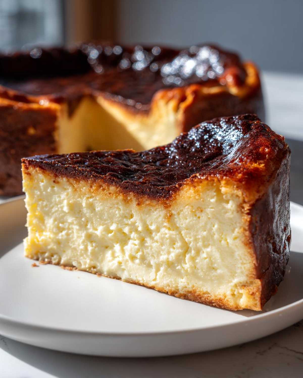 A close-up slice of creamy Basque burnt cheesecake showing the signature dark, caramelized top.