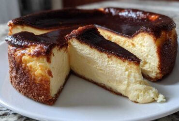 A whole Basque burnt cheesecake with two slices cut out, showing the creamy interior and dark caramelized top.