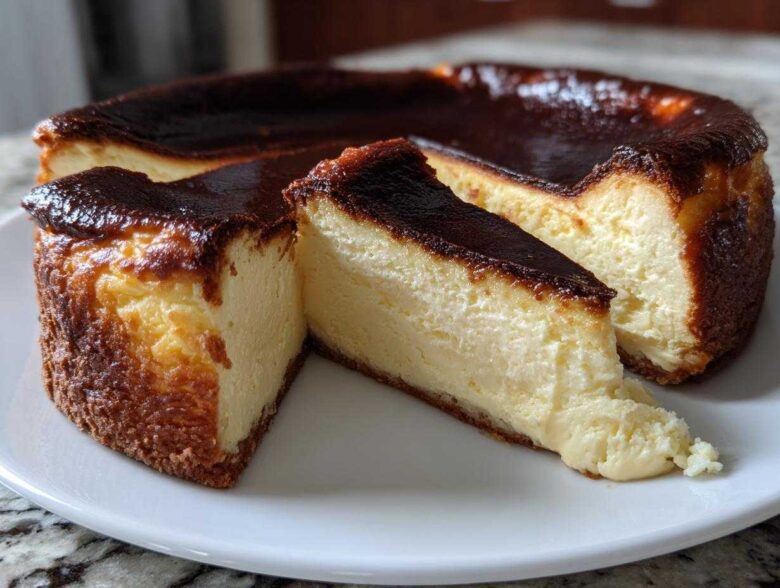 A whole Basque burnt cheesecake with two slices cut out, showing the creamy interior and dark caramelized top.