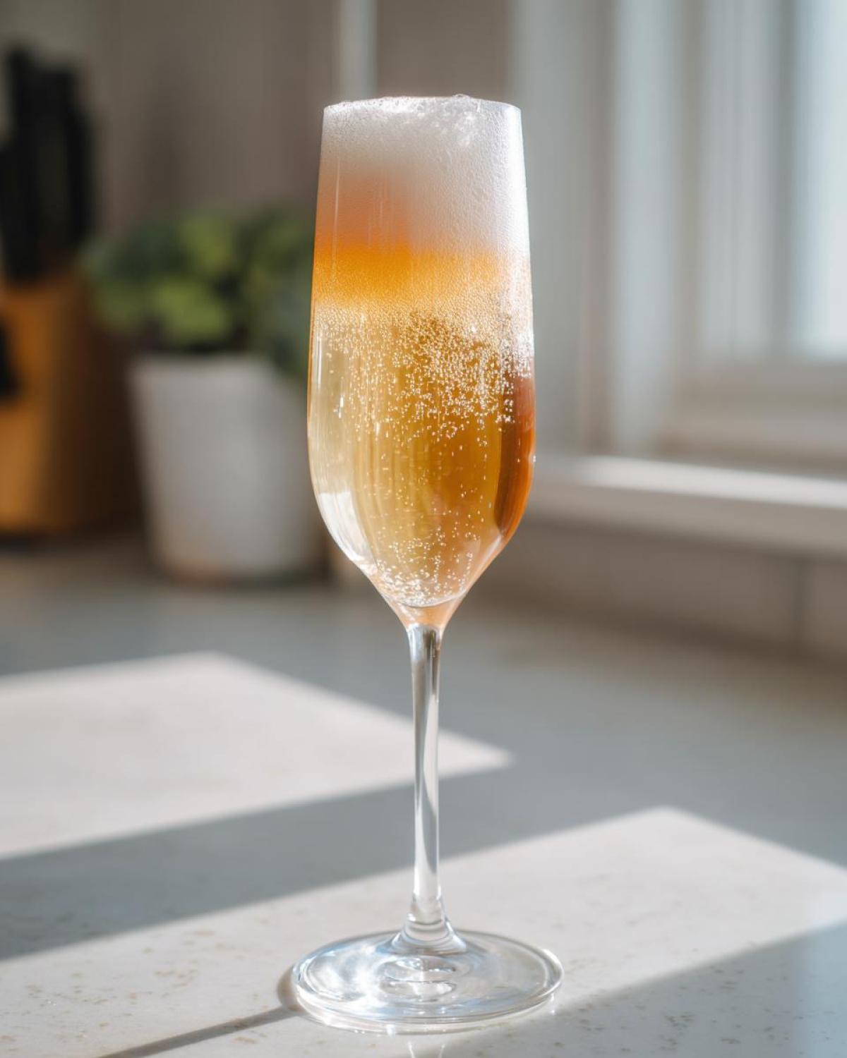 A tall flute glass filled with a fizzy, layered bellini recipe drink, showing effervescence and foam.