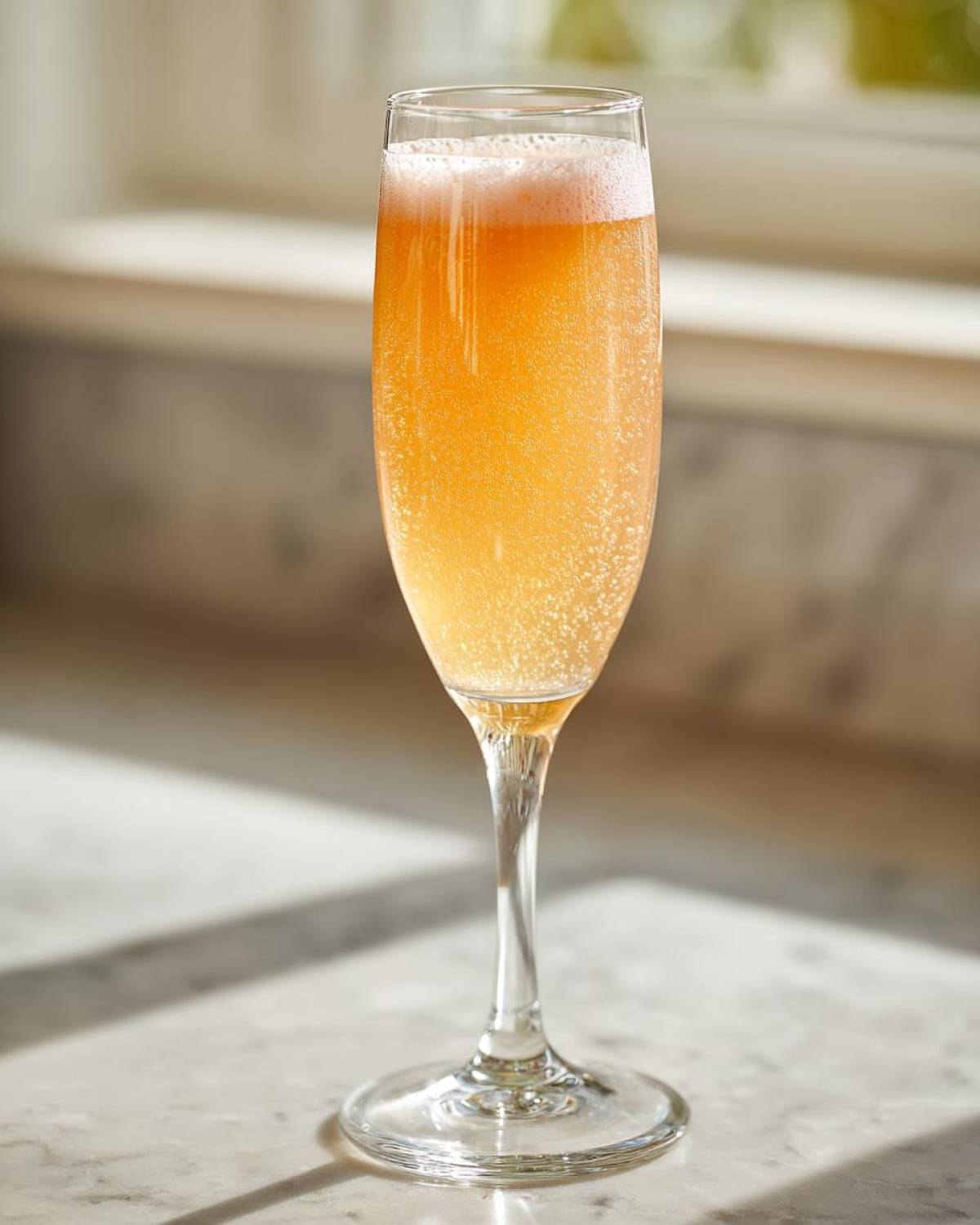 A tall flute glass filled with a fizzy, orange-hued bellini recipe cocktail, sparkling in natural light.