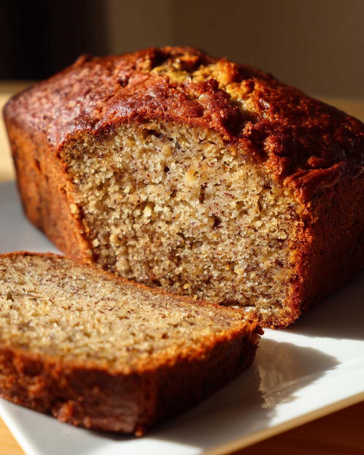 Close-up of the best banana bread loaf, showing a moist, dense crumb and a dark golden crust, with one slice cut.