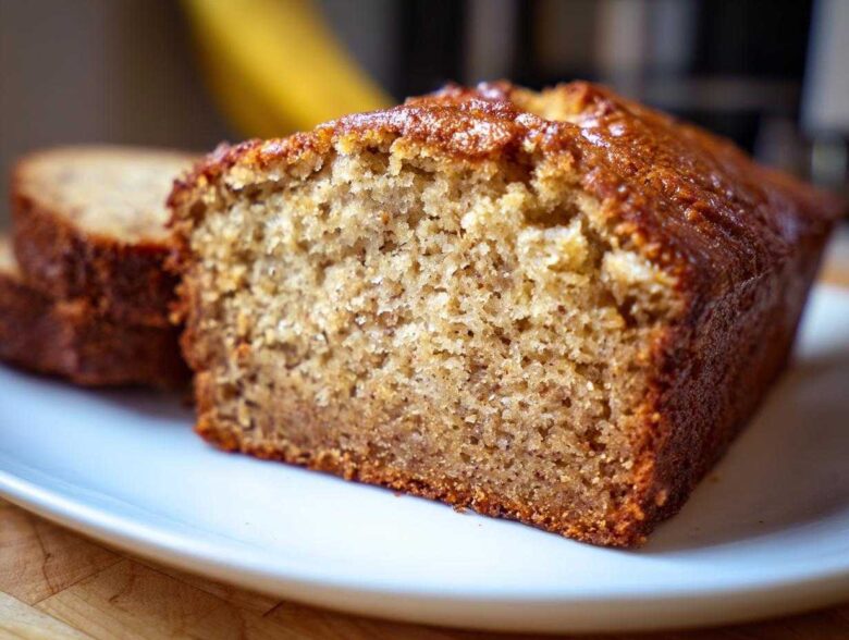 Close-up of a moist slice of the best banana bread showing its textured crumb and golden-brown crust.