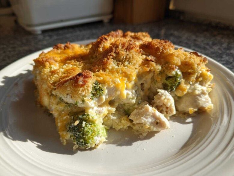 A close-up serving of creamy Chicken Divan casserole featuring chunks of chicken and broccoli under a golden, crunchy breadcrumb topping.
