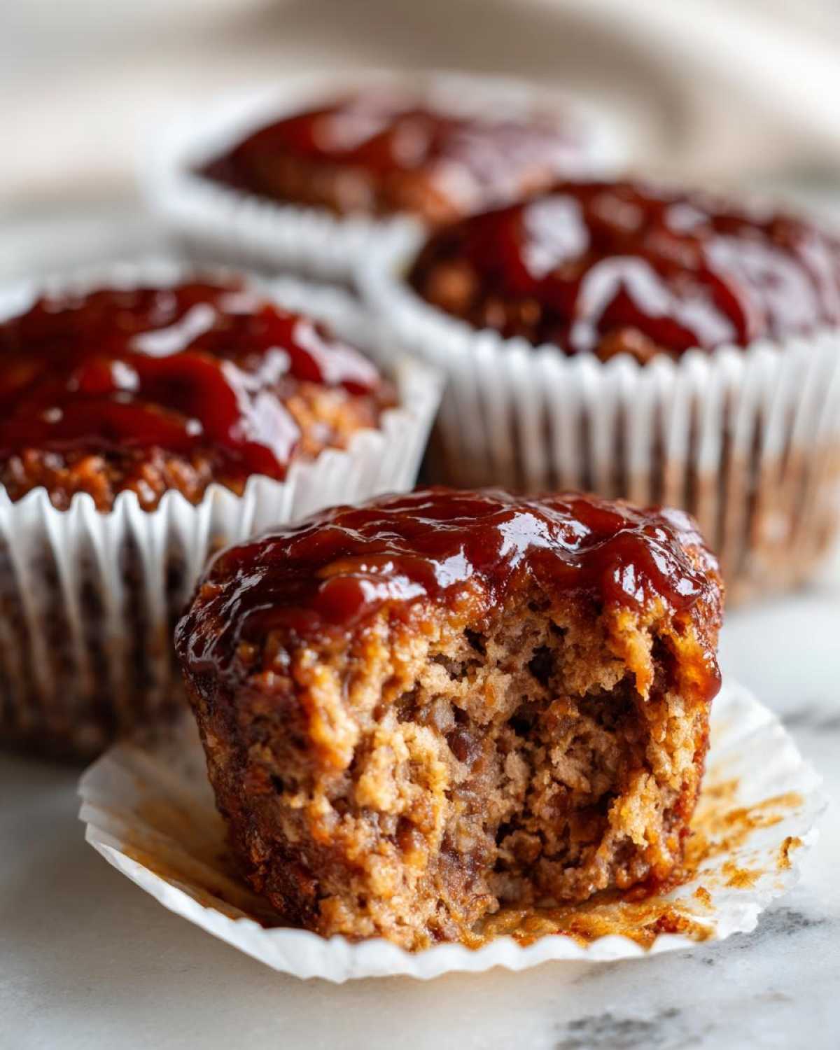 Close-up of a mini meatloaf with a bite taken out, showing the texture and sweet glaze topping.