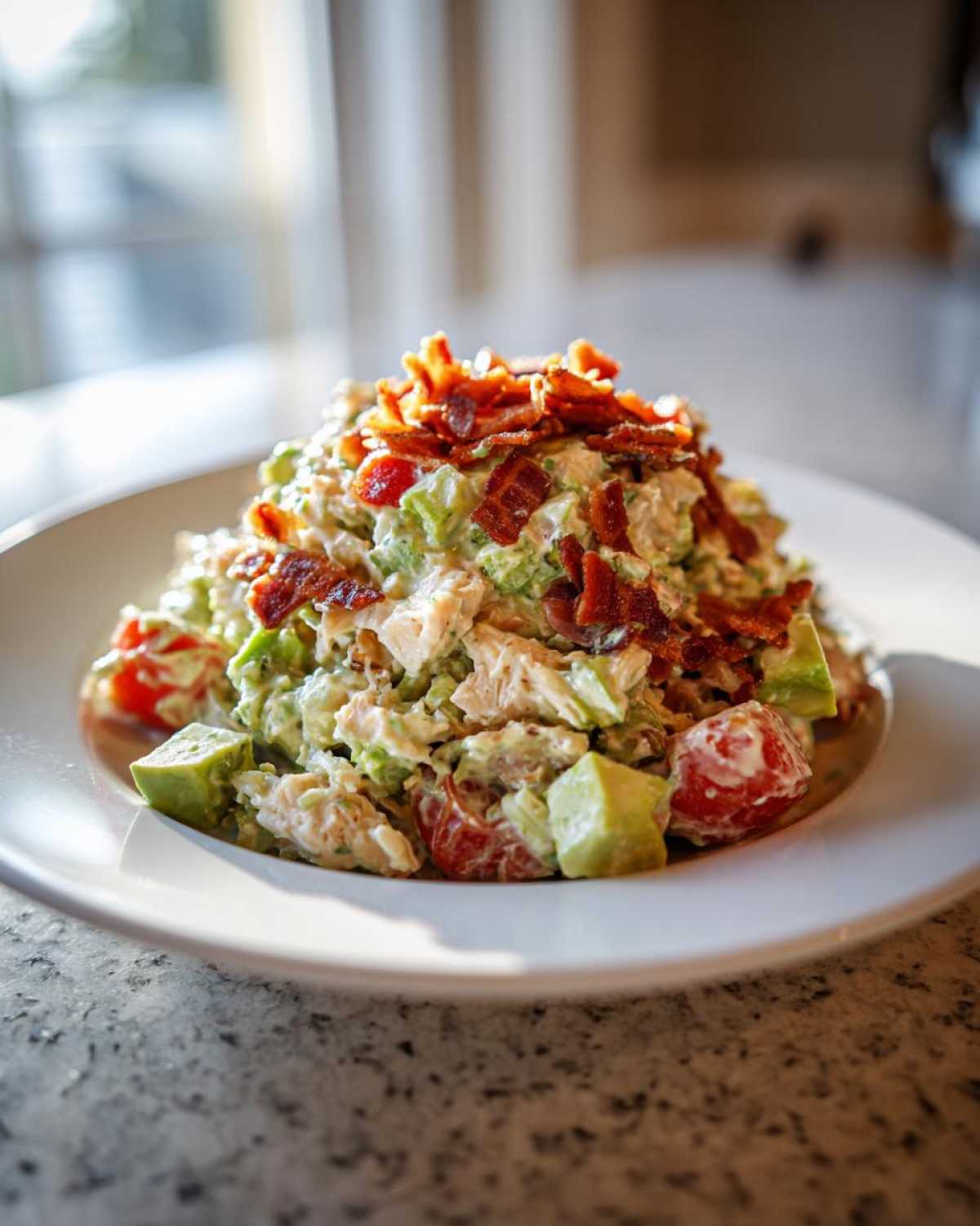 A mound of creamy blt chicken salad mixed with avocado and tomatoes, topped generously with crispy bacon pieces.