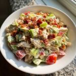 A close-up of a creamy blt chicken salad mixed with avocado, celery, and tomatoes, topped with crispy bacon bits.
