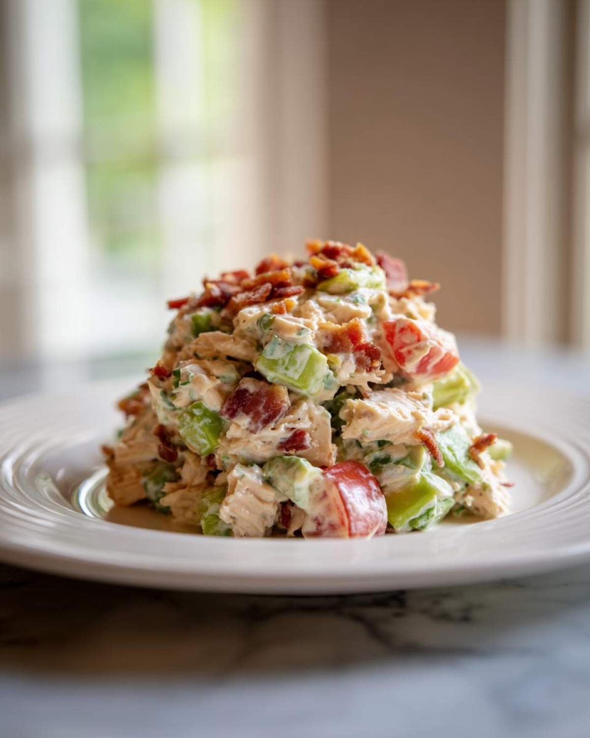A generous mound of creamy blt chicken salad featuring chunks of chicken, red tomato, green celery, and topped with crispy bacon bits.