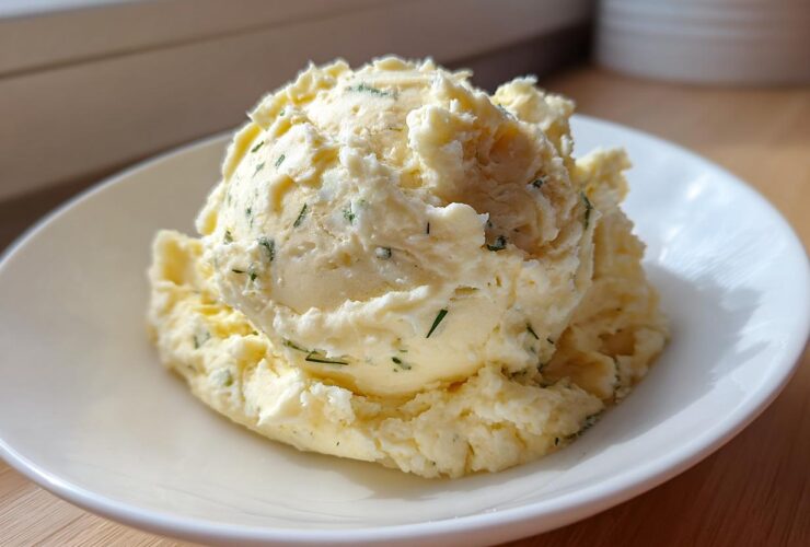 A close-up of a generous scoop of creamy boursin mashed potatoes mixed with visible green herbs, served on a white plate.
