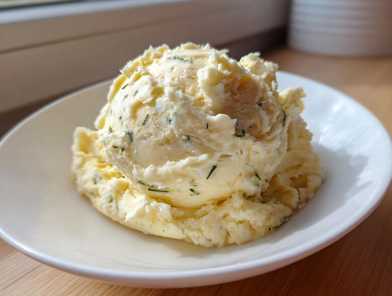 A close-up of a generous scoop of creamy boursin mashed potatoes mixed with visible green herbs, served on a white plate.