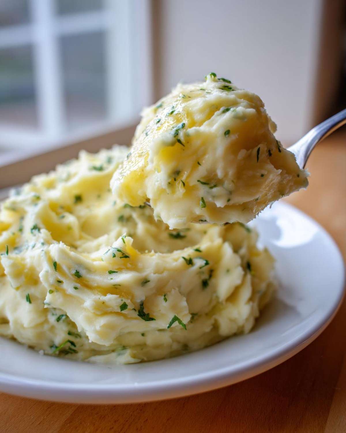 A spoonful of creamy boursin mashed potatoes mixed with fresh green herbs being lifted from a white plate.