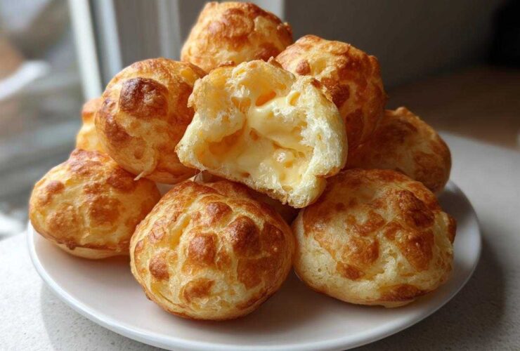 A stack of golden-brown Brazilian cheese bread, with one piece broken open revealing a gooey, cheesy interior.