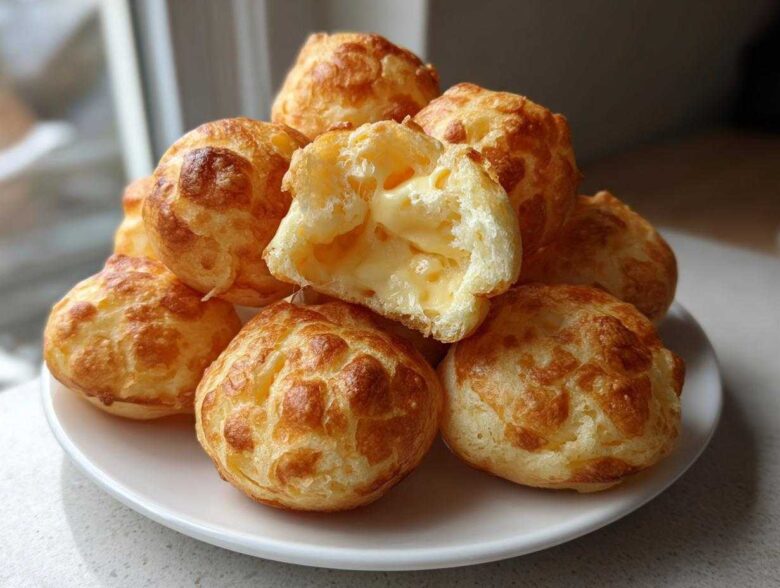 A stack of golden-brown Brazilian cheese bread, with one piece broken open revealing a gooey, cheesy interior.