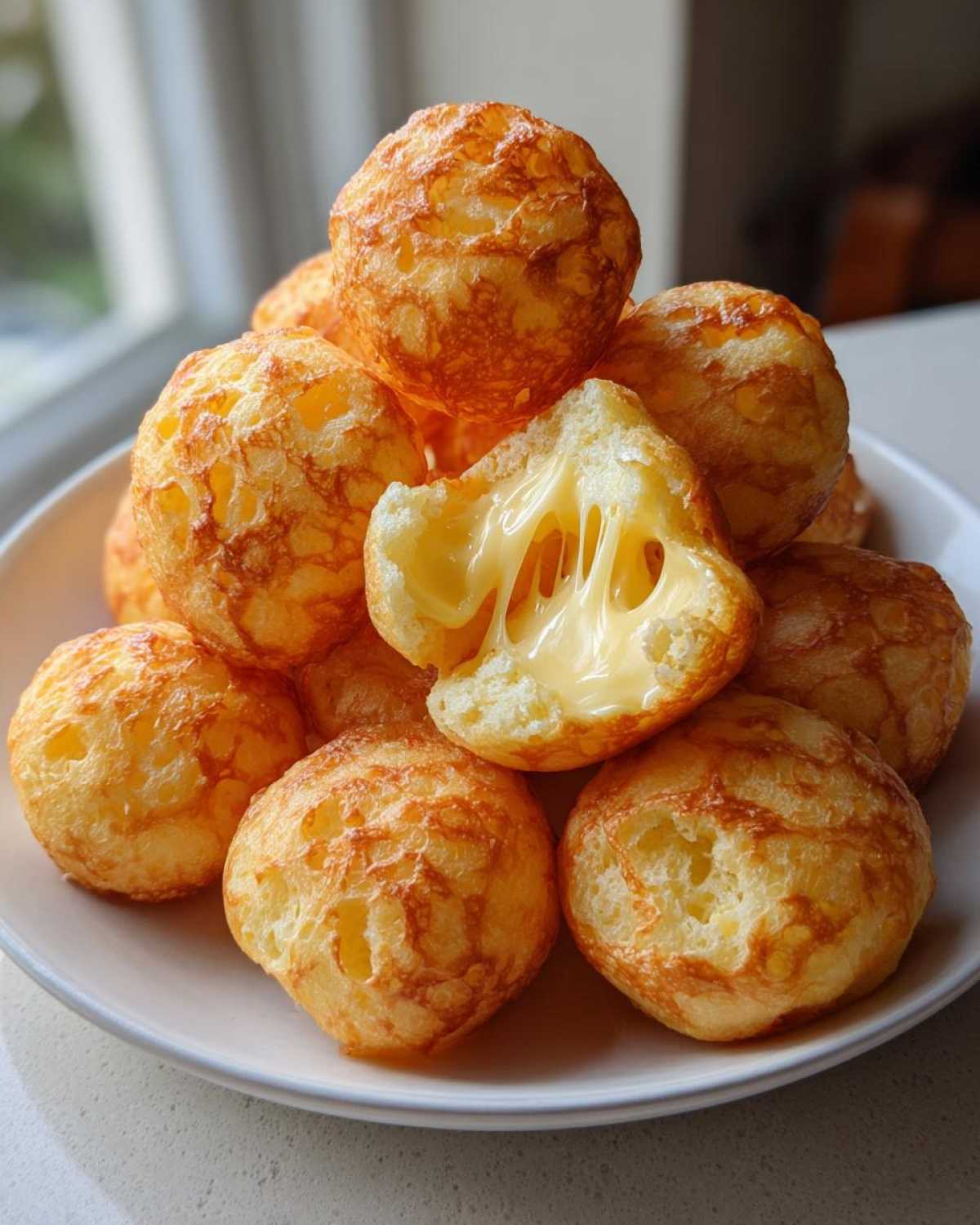A pile of golden brown brazilian cheese bread puffs, one broken open showing gooey, melted cheese stretching inside.