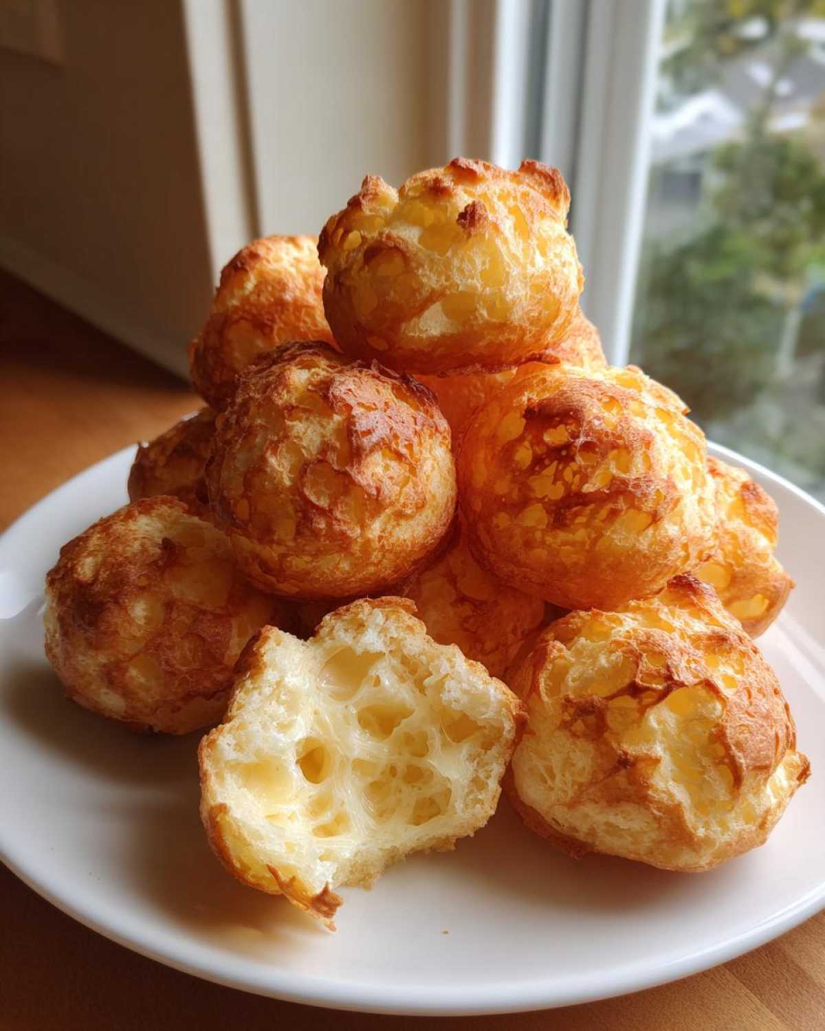 A stack of golden brown, airy brazilian cheese bread on a white plate, one broken open showing the chewy interior.