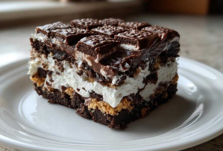 A rich, layered slice of brownie refrigerator cake featuring chocolate, white cream, and a chocolate bar topping.