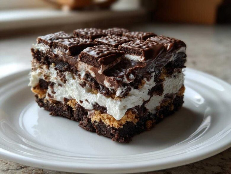 A rich, layered slice of brownie refrigerator cake featuring chocolate, white cream, and a chocolate bar topping.