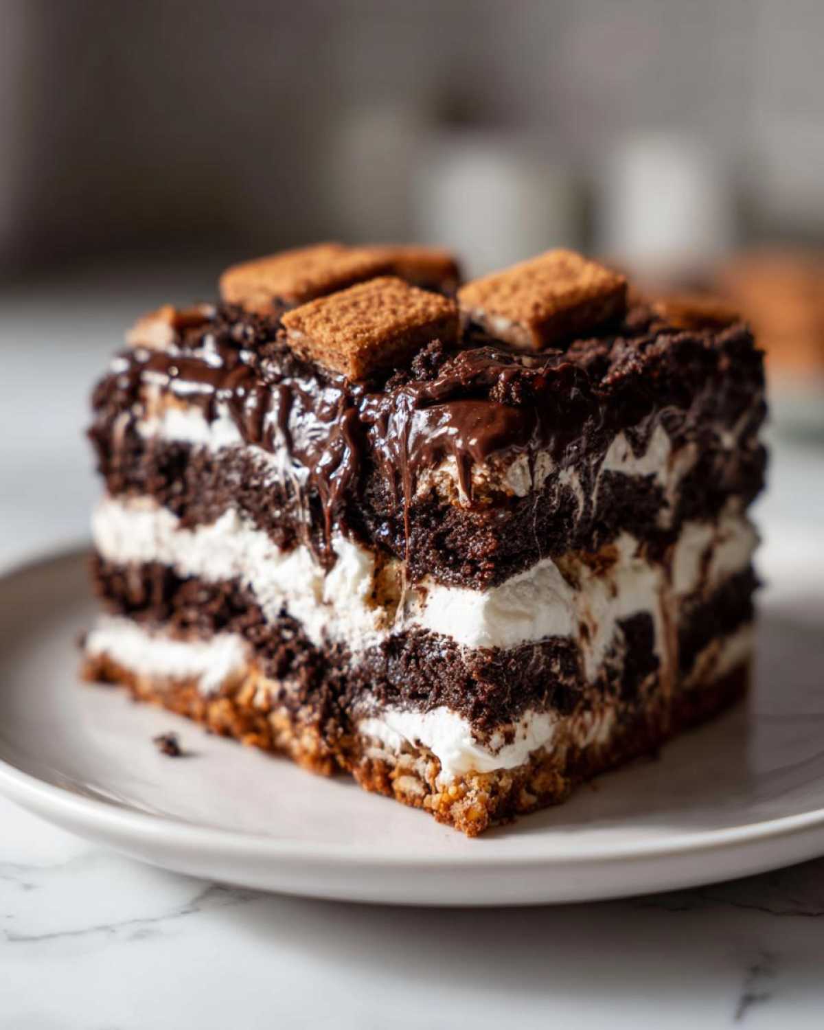 A rich, layered slice of brownie refrigerator cake featuring dark chocolate cake, white cream filling, and a chocolate drizzle topping.